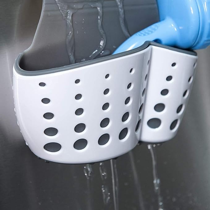Sink Caddy Sponge Holder- Kitchen Sink Soap Holder-Plastic Saddle Faucet Caddy-Double Organizer for Brushes, Sponges, Soap, Utensils - Good Drainage