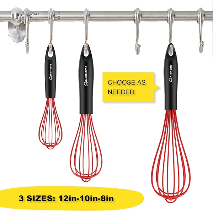 NileHome Silicone Whisk Set 8" 10" 12", 3 Pack Kitchen Whisk Kitchen Wisk Wire Whisks for Cooking, Whisking, Blending, Beating, Stirring-Red