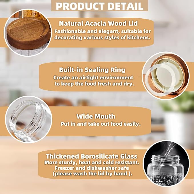 17 Fl oz/500 ml Glass Food Storage Jar with Airtight Screw on Wooden Lid | Premium Clear Glass Container Jars, Kitchen Canisters for Coffee,Tea,Snacks,Cookies,Nuts,Spice,Candy,Sugar,Overnight Oats