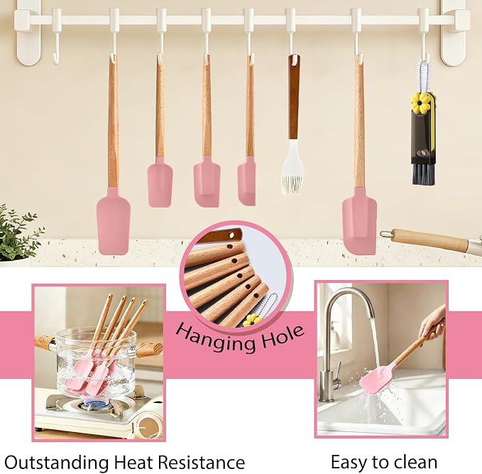 7 Piece Silicone Spatula Set, Food Grade Rubber Spatula Set with Wooden Handle, Heat Resistant Up to 600°F, Silicone Utensils Set for Baking, Cooking & Mixing, Jar, Non-Stick Kitchen Utensils(Pink)