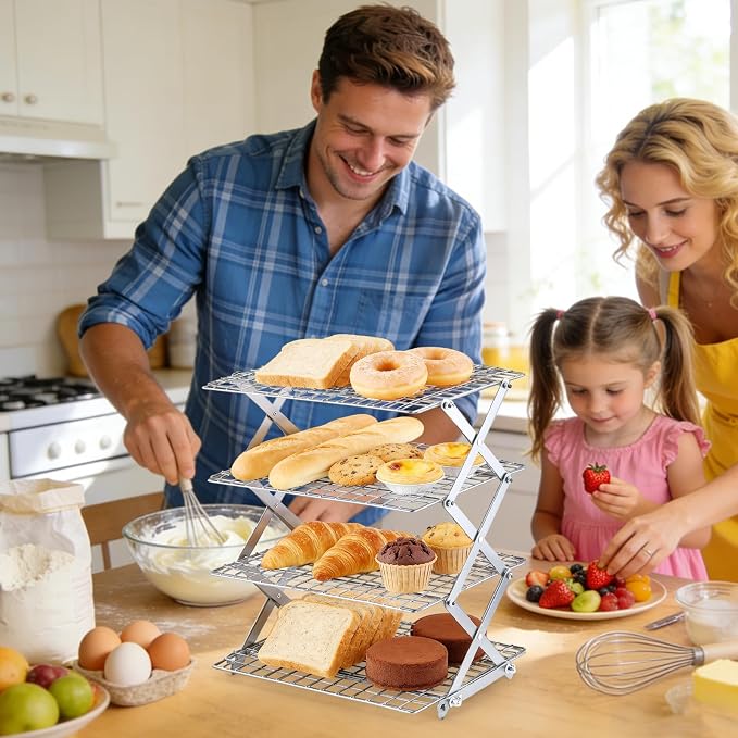 4 Tier Collapsible Cooling Rack - Adjustable Stainless Steel Baking Rack with Leak-Proof Mesh, X-Shaped Structure Cooling Rack for Cooking and Baking, Roasting ＆ Grilling Gift for Party