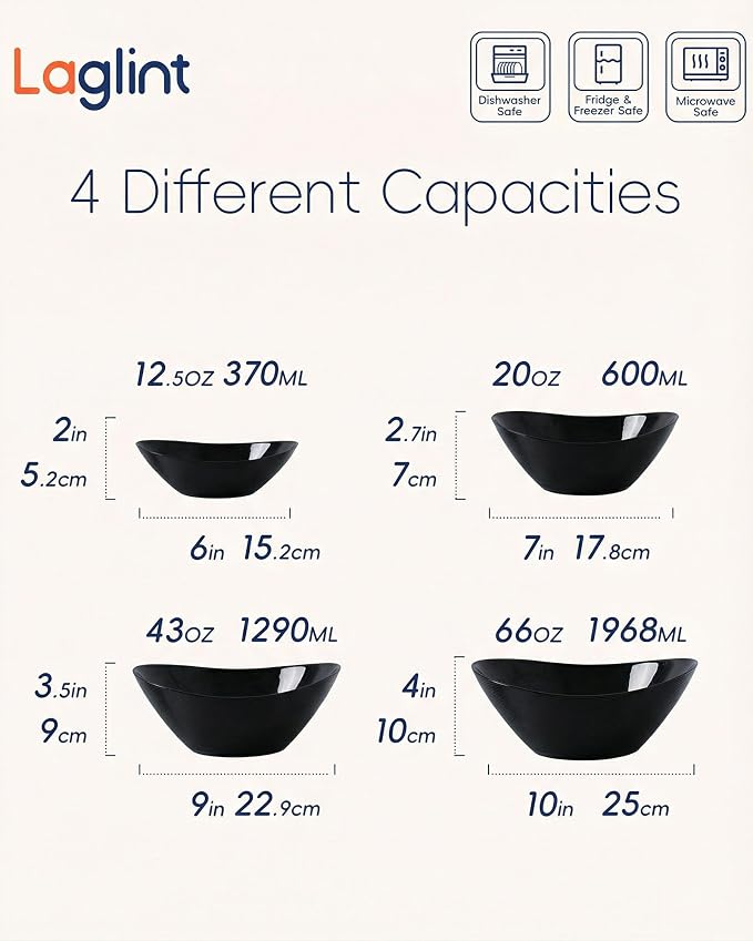 Oval Serving Bowls Set of 4, 15/20/43/66 OZ Black Opal Glass | Lightweight nesting bowls with microwave & dishwasher safe design, ideal for mixing, salad, fruit, pasta, dessert, meal prep