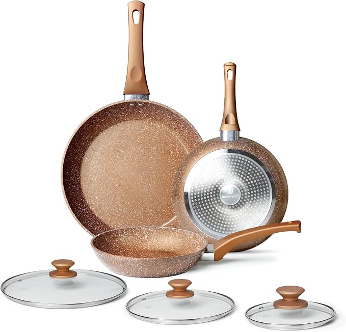 Innerwell Nonstick Ceramic Frying Pans Skillets Set with Lid 8"+9.5"+11" | No Toxic Egg Omelette Frying Pan Set, All Stove Compatible, Healthy Granite Induction Cooking Pan, PFOA & PFAS Free