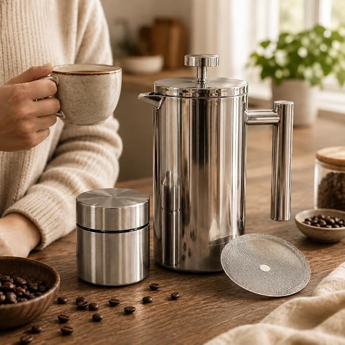 QNA French Press Coffee Maker Set, 20oz 304 Stainless Steel | Includes a coffee canister and extra filter for 4-layer filtration, making 5-6 cups of smooth coffee with fewer grounds.
