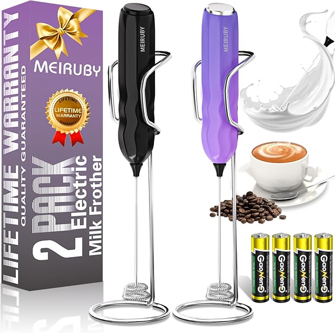 2-Pack Milk Frother Handheld with Stand, Valentines Day Gifts for Him and Her, Electric Coffee Frother, Coffee Lover Gift for Lattes, Cappuccino, Matcha & Hot Chocolate, Black/Colorful