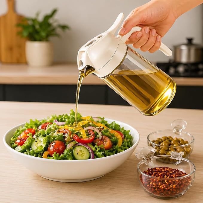 LIMPOPO Oil Sprayer for Cooking 16oz/470ml, Glass Olive Oil Dispenser Bottle, 2-in-1 Spray Mist & Stream Container for Air Fryer, Salad, BBQ, Baking & Grilling (White)