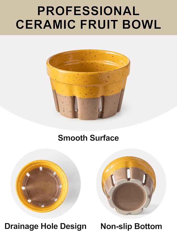 Gomakren Ceramic Berry Bowls with Holes Set of 2 for Fridge Yellow + Brown | Drain holes keep berries fresh, stackable, wash & serve, round strawberry basket for fridge kitchen counter, lovely home gift
