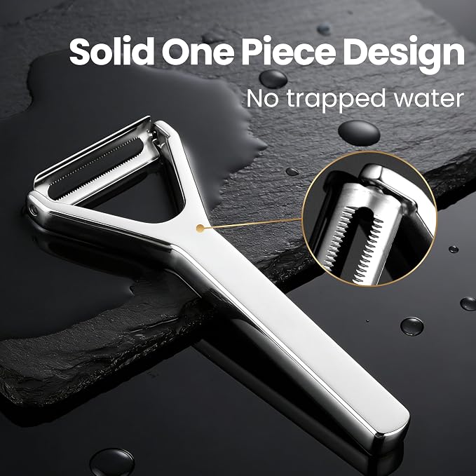 Gourmet Easy Stainless Steel Vegetable Peeler, Ultra Sharp Dual Blades | Easily Peeling and Slicing Fruit & Food, One-Piece Design No Trapped Water, Dishwasher Safe, Backed by a 5-Year Warranty