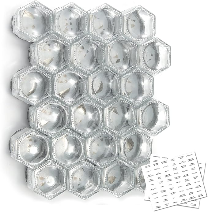 Homazing Set of 24 Hexagon Glass Spice Jars with Shaker Lids and Labels for Refrigerator, Kitchen, RV Travel Trailer Magnetic Containers