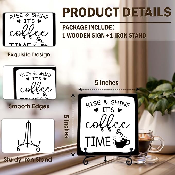 Minimalism Coffee Bar Decor, 5"x5" Coffee Bar Sign | Rise & Shine It's Coffee Time Wood Plaque with Stand | Rustic Gift for Home Kitchen Tabletop Desk - A06