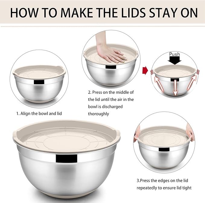 P&P CHEF Stainless Steel Mixing Bowls With Lids, Set of 6, Khaki | Salad Nesting Mixing Bowls & Fitting Lids & Non-Slip Silicone Bottom, Ideal for Mixing, Storing, Size 0.7/1/1.5/2.5/3/4.6 Qt