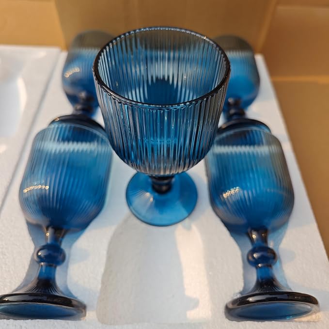 CHLJAR Blue Wine Glass Goblet Set of 6, 14 oz Blue Goblets Glassware, Colored Vintage Glassware for Weddings, Parties, Restaurants, Family Gatherings, Bars, Cafeterias, Dishwasher Safe