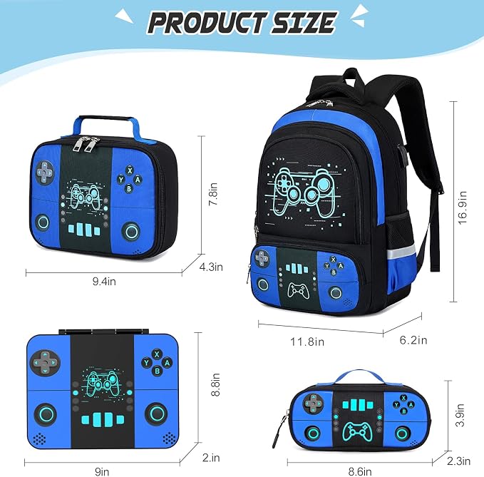 Backpack for School Boys, Cool Luminous Gamer Boys Schoolbag | with Lunch Box & Pencil Case Set for Kids Teens Elementary Middle School, Bookbag Glow In The Dark
