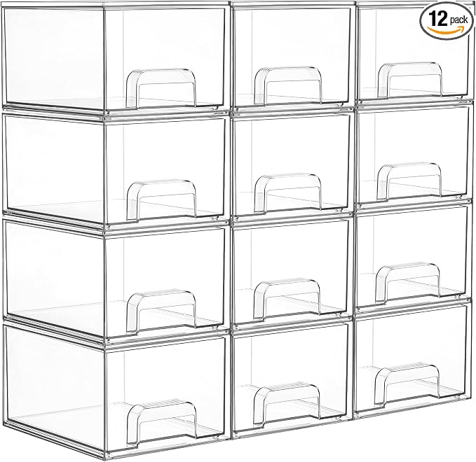 Vtopmart 12 Pack Small Clear Stackable Storage Drawers | Plastic Bins, Bathroom Makeup Organizer, For Vanity, Undersink, Kitchen Cabinets, Pantry, Home Organization