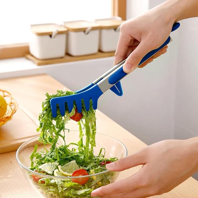 9" Kitchen Tongs for cooking with Silicone Tips, 3Pcs Serving Tongs, Blue | Small Silicone Tongs mit kickstand, Food Grade, 3 different type of tongs, Stainless Steel