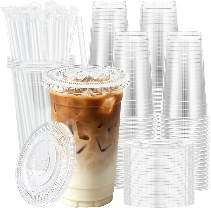 Lamosi 100 Pack 20 oz Clear Plastic Cups with Lids and Straws | Disposable Plastic Cold Cups for Iced Coffee, Smoothies, Parties, Picnics, Office Drinks, Light To-Go Use and Easy Cleanup