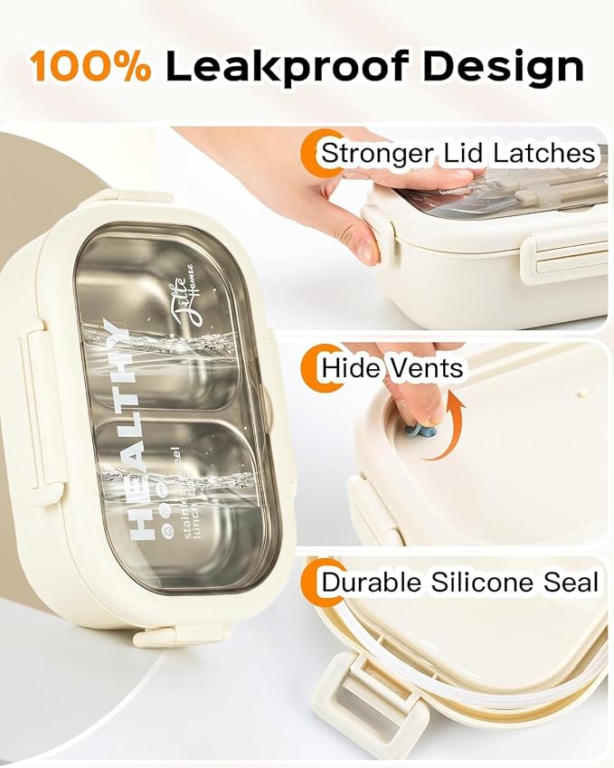 Lille Home 28oz Stainless Steel Leakproof 2-Compartment Bento Lunch Box | Portion Control Metal Lunch Box Food Container with Lunch Bag and Cutlery Set, BPA Free (Beige)