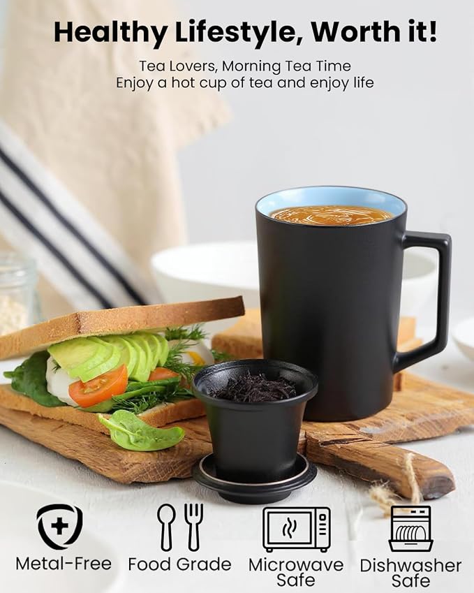 15 oz Ceramic Tea Infuser Cup with Lid - Tea Mug with All Porcelain Strainer for Loose Leaf Teas,Microwave and Dishwasher Safe,Metal-Free,BPA-Free for Tea Lovers/Birthday (Black)