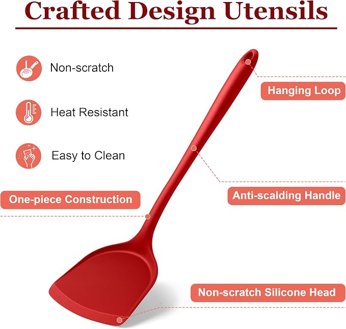 LIANYU 8Pcs Kitchen Cooking Utensils Set, Red Silicone Spatula Utensils | Metal Core, Non-Toxic Cooking Gadgets Tools for Non-stick Cookware, Heat Resistant & Dishwasher Safe