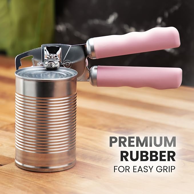 Zulay Kitchen Heavy Duty Stainless Steel Can Opener Manual with Bottle Opener - Rust Proof Manual Can Opener With Turn Knob & Comfy Soft Grip Handles - Pink