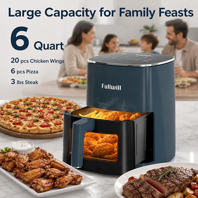Fullwill 6QT Air Fryer w/Window, 12-in-1: Fry,Roast,Bake,Dehydrate,Fries. Nonstick, Dishwasher-Safe Basket. Family/Friends Party. Max 400°F,1700W,Dark Blue
