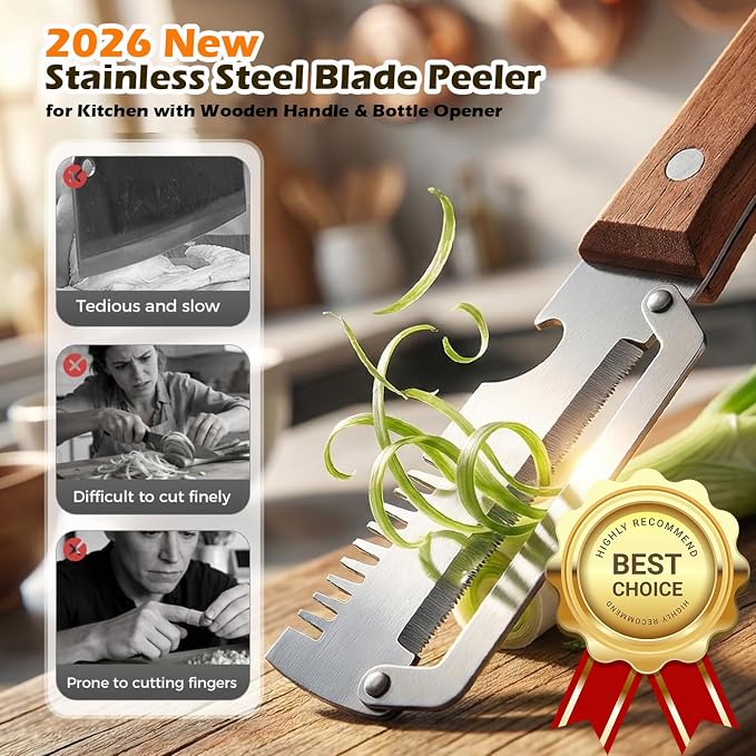 2PCS Multifunctional Vegetable Peeler, 3-in-1 Stainless Steel Vegetable Peeler with Wooden Handle and Bottle Opener, Kitchen Gadgets for Fruit Veggie
