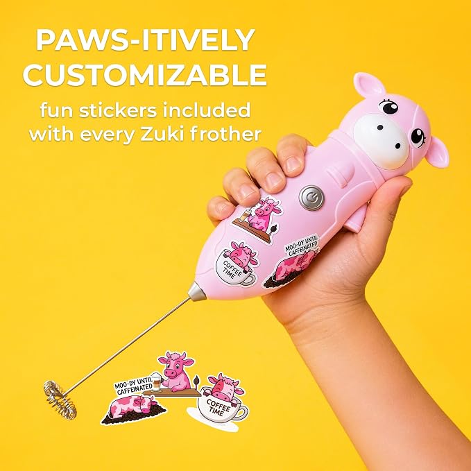 Zulay Kitchen Cow Milk Frother Wand – Cutesy Frother, Meet Your New Frothing Buddy Bubblegum The Cow, Adoption Papers and Stickers Included, Purrr-fect for Lattes, Cappuccino & Matcha – Pink