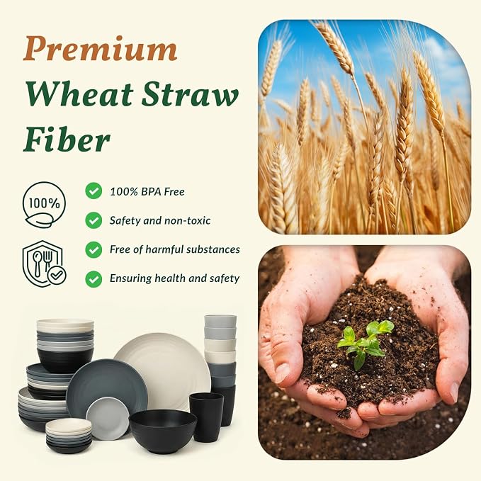 40 PCS Wheat Straw Dinnerwave Sets for 8 Unbreakable Plates and Bowls Sets with Cups & Saucers, Microwave Dishwasher Safe Dishes Sets for Kitchen, Camping, RV, Party, Stackable (Gery Stone)