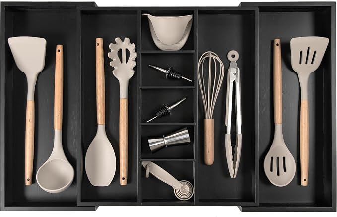 Utensil & Junk Drawer Organizer, 16-28 in, Black Bamboo | Food-safe contract grade, 100% sustainable wood, non-slip, adjustable
