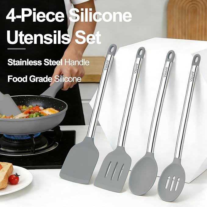 Vayvnt 4PCS Cooking Utensils Set, Food Grade Silicone Kitchen Spatula, Gray | Non Toxic, Up to 480℉ Heat Resistant Silicone, Stainless Steel Handle, Slotted Spoons and Solid Turners, Dishwasher Safe