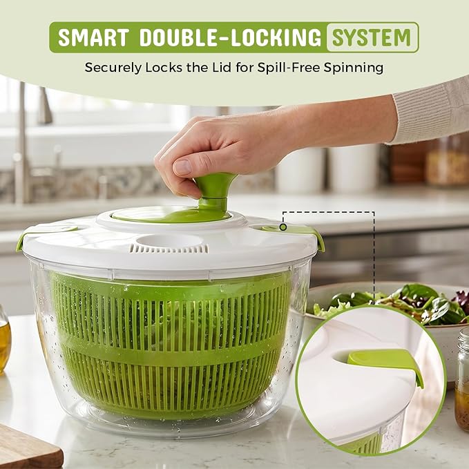 Salad Spinner, Lettuce Spinner with Drain, Vegetable and Fruit Washer, Salad Dryer for Washing, Spinning, and Drying Greens, Fruits and Vegetables, 5.3 Quarts Capacity