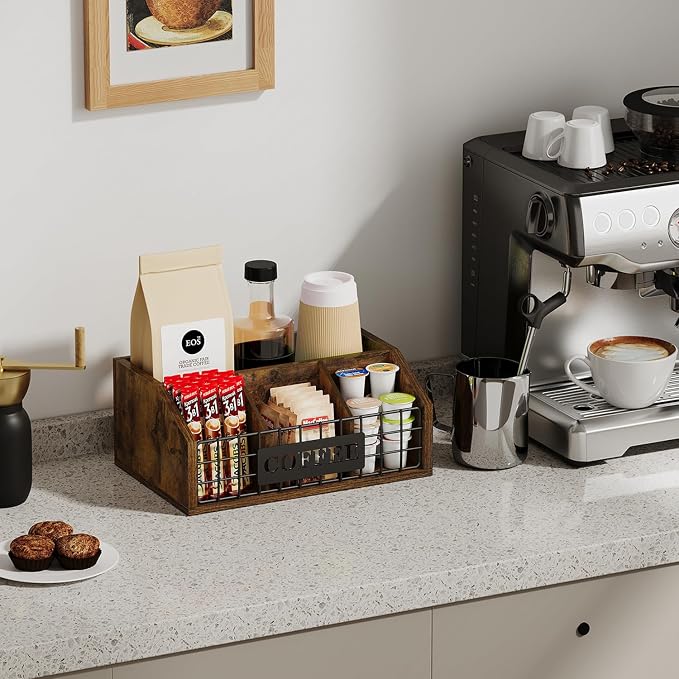 YINMIT Coffee Station Organizer for Countertop, Wood Coffee Bar Organizer with Removable Dividers for Pods, Syrup, Cups, Stirrer, Tea - Office Bar Accessories, Iron Wire-Vintage Brown