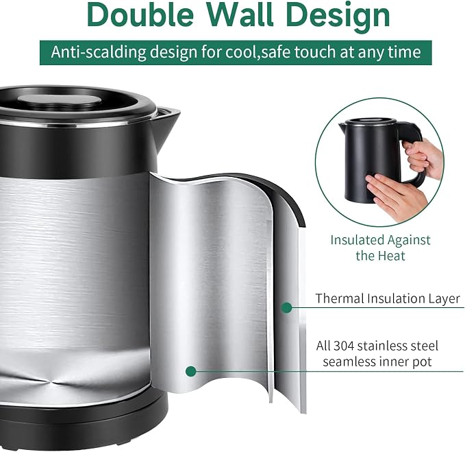 0.8L Small Travel Electric Tea Coffee Kettle | 600W Rapid Boil,Double Wall,Auto Shut-Off,Boil Dry Protection,Hot Water Boiler