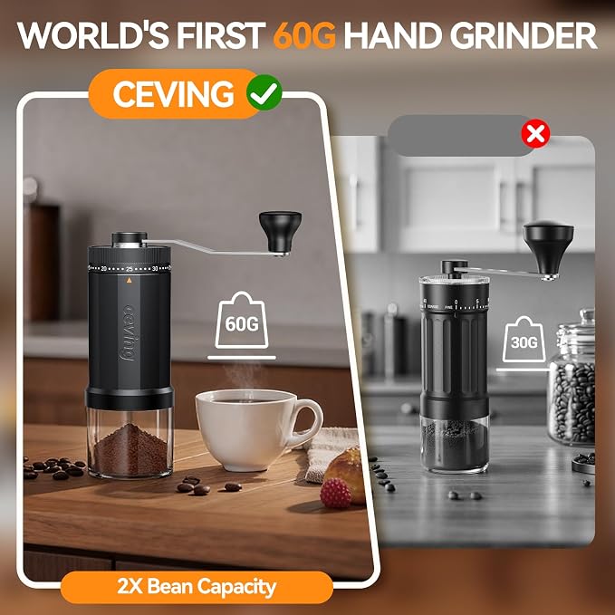 CEVING World's First 60g Large Capacity Manual Coffee Grinder, Black | 40 External Settings, Portable Hand Coffee Bean Mill with Stainless Steel Conical Burr for Travel, Camping, Pour Over & Gift