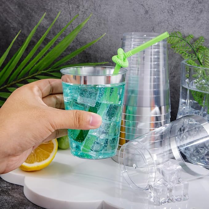 I00000 100PCS Silver Plastic Cups,10 oz Clear Plastic Cups with Silver Trim, Heavy-Duty Disposable Hard Cup For Party, Premium Cup Perfect for Wedding & Party