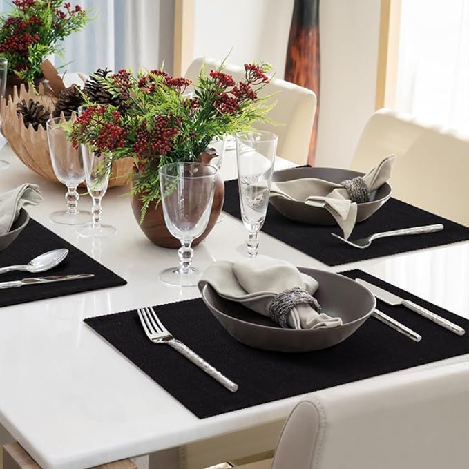 Faux Cotton Linen Placemats Set of 6, Cloth Washable Farmhouse Dining Table Mats for Indoors & Outdoors, Easy to Clean, Black, 13 x 19 Inch