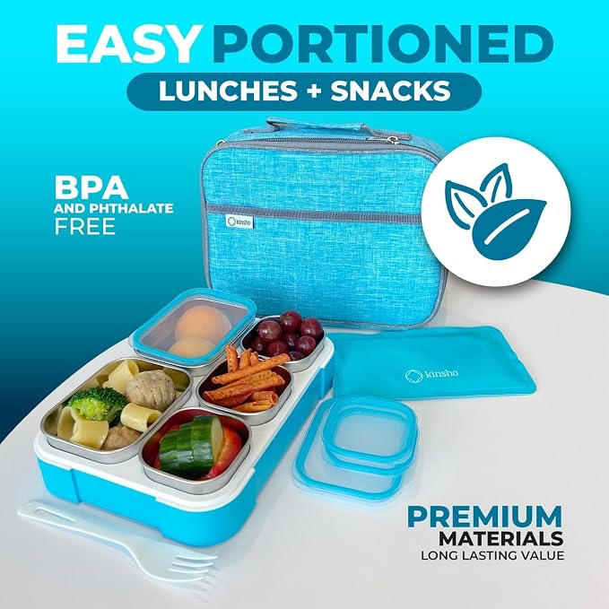Stainless Steel Kids Bento Lunch Box with Insulated Bag & Ice Pack for Toddler Daycare, Kids or Adults, Leak Proof School Meal Container, Snack Food Containers, 5 Compartment Snackle-box 34 Oz Blue
