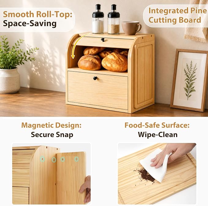 Sunhoo Wooden Bread Box for Kitchen Countertop, Roll Top Breadbox, Natural | Large Double Layer Pantry Container, Solid Wood with Cutting Board, Fresh Homemade Sourdough Bin Cabinet, Vintage Farmhouse