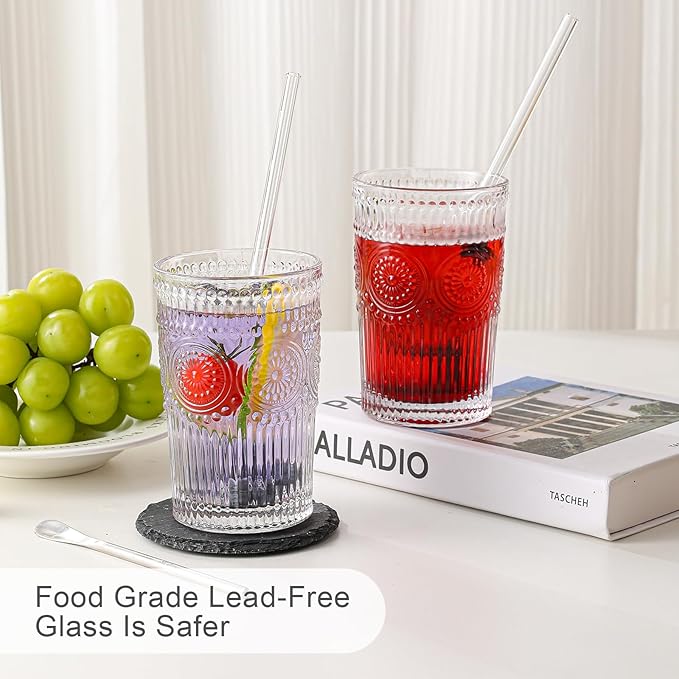 ZMOWIPDL Drinking Glasses Set of 6,13oz Flower Design Clear Glass Cups | Vintage Glassware,Textured Tumblers,Embossed Striped Drinkware for Water,Cocktails,Juice,Iced Coffee