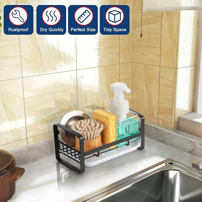 HULISEN Kitchen Sponge Holder, 304 Stainless Steel Sink Caddy, Black | Removable Drain Tray, Holds Sponges Soap Bottles Brushes, Countertop Storage, No Dispenser or Brush