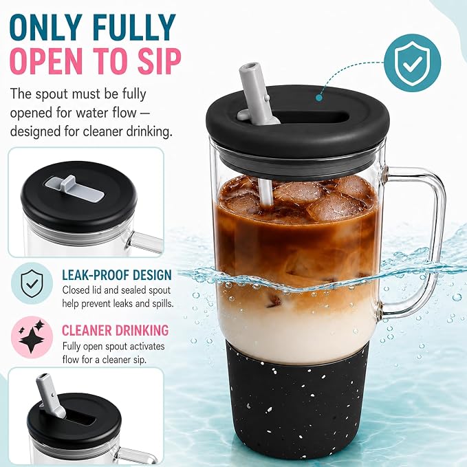 40oz Glass Tumbler with Flip Straw Lid, Handle, Silicone Sleeve, Black | Leakproof Lid, Fits Car Cup Holder Glass for Iced Coffee, Water, Cold Drinks, Travel, Outdoor, Partys&Home
