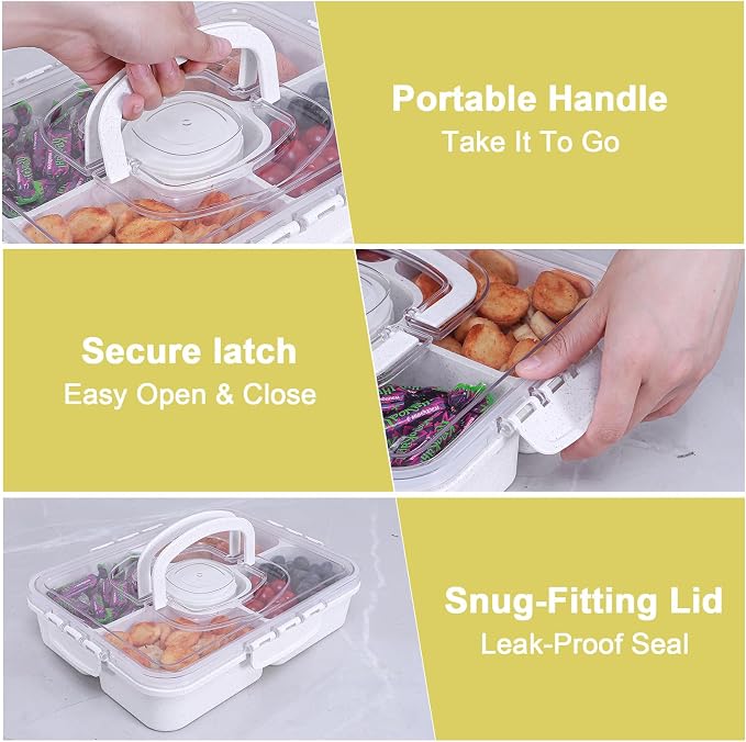 Large Snackle Box Container with Dip Container, 5 Compartments Snack Container with Lid and Handle, Veggie Fruit Divided Serving Tray for Party, Picnic, Dishwasher Safe, BPA-Free
