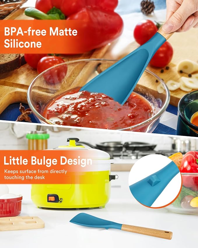 Multifunction Cooking Spoons for Nonstick Cookware,11.4"&13.4",TURQ | Great for Cooking and Serving, Sturdy BPA-Free Matte Silicone, Wood Handle spoonula for Mixing, Scoop, and Scrape