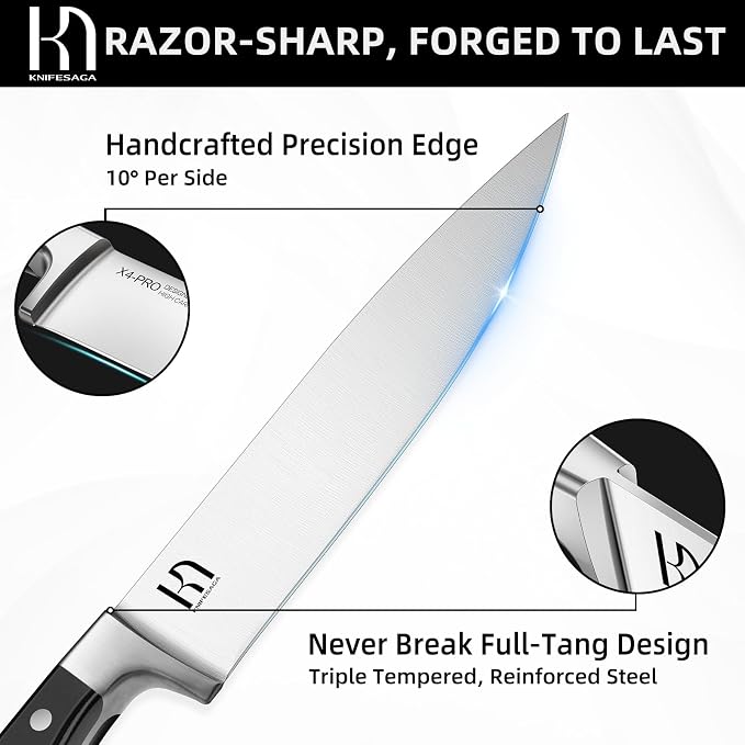 KnifeSaga Japanese Knife Set with Sharpener, Premuim, Razor Sharp, 15 Pcs | Innovative Steel, High Carbon Stainless, Enduring Sharpness, Ergonomic Handle, Quality Acacia Wood Block, Full-tang, Gift Box