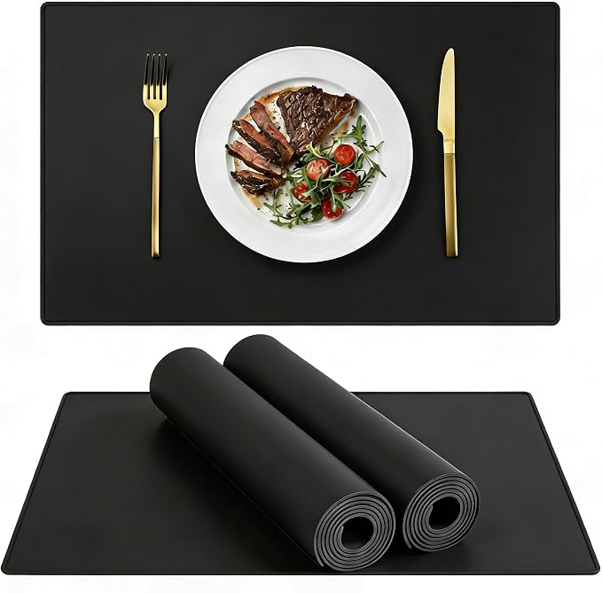 IYYI Silicone Placemats, Dining Placemats Set of 4, Waterproof Placemats for Kids, Heat Resistant Non-Slip Silicone Mats for Dinner Table, Dishwasher Safe (Black, 18.9×11.8)