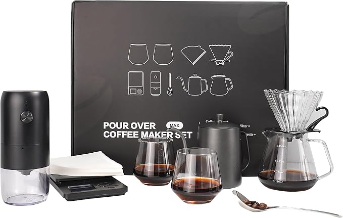 All in One Pour Over Coffee Set, Electric Coffee Grinder and Coffee Scale | Pour Over Coffee Maker Set with Coffee Carafe and V60 Filter, Camping Travel Coffee Maker Set, Ideal Birthday Gift Set