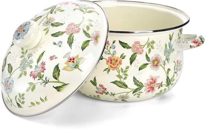 Jucoan 5 Quart Enamel Stockpot with Lid, Green Floral Enamelware Cooking Pot with Dual Handles for Stovetop, Large Soup Pot Potpourri Simmer Pot Gift for Housewarming Bridal Shower Mother's Day