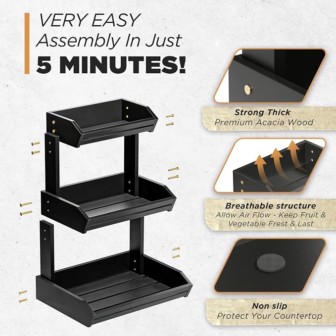 HOLANA Acacia 3 Tier Fruit Basket, Easy Assembly, Versatile Use (Black) | Solid Acacia Wood, Non-slip Pads, 20LBS Capacity, Slatted Design, Multi-Purpose Storage for Fruit & Vegetable, Pantry Bin