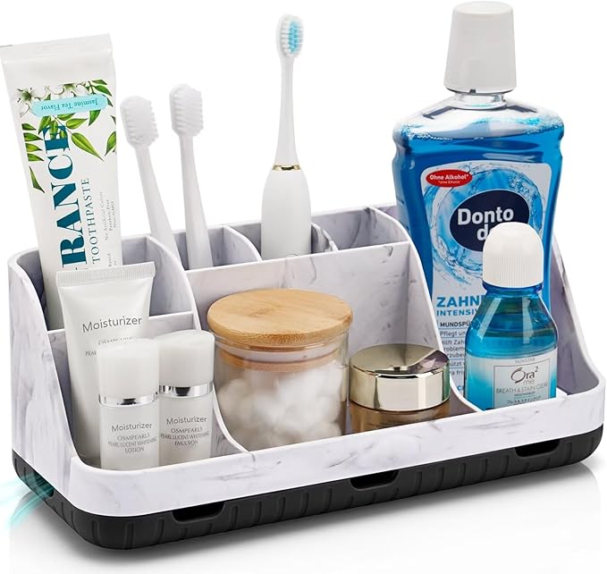 GFWARE Marble Bathroom Countertop Organizer - Detachable 7 Slots Kids Electric Toothbrush and Toothpaste Holde Drainage for Bathroom Accessories Organization Counter Vanity Storage, Black | Detachable 7 Slots Kid Electric Toothbrush and Toothpaste Hold...