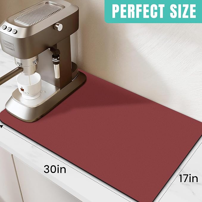Coffee Mat Super Absorbent Dish Drying Mat Coffee Bar Mat 17"x 30", Red | Match with Coffee Machine Accessories Large Drying Mats for Kitchen Counter